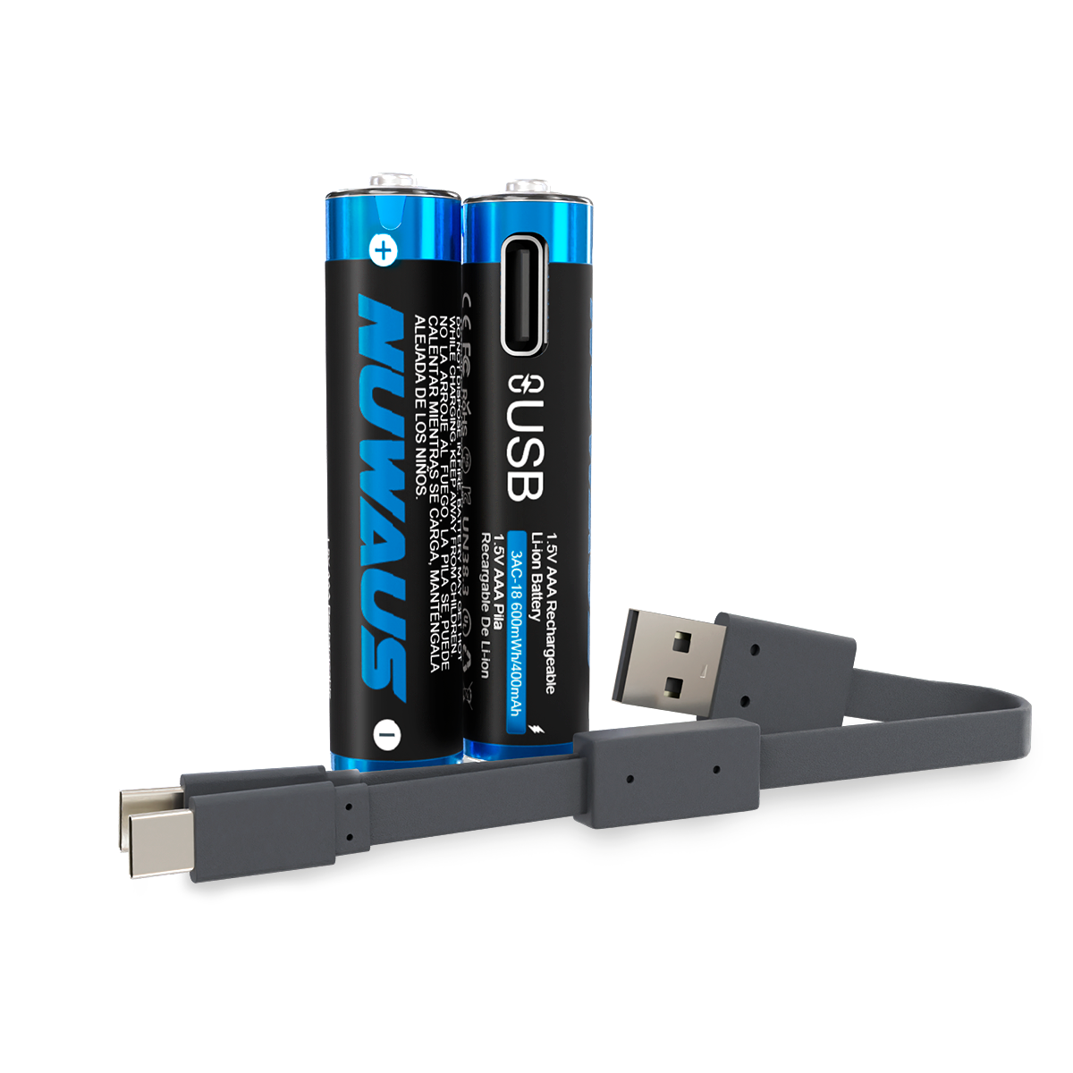 Pilas recargables AAA carga rápida x2 unidades - 400mAh - Puerto de carga Tipo C