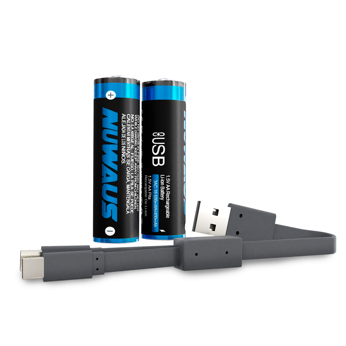 Pilas AA recargables USB de Pale Blue, iones de litio de 1.5 V 1700 mAh,  carga 1.5 horas, más de 1000 ciclos, cable de carga USB-A a USB-C 4 en 1
