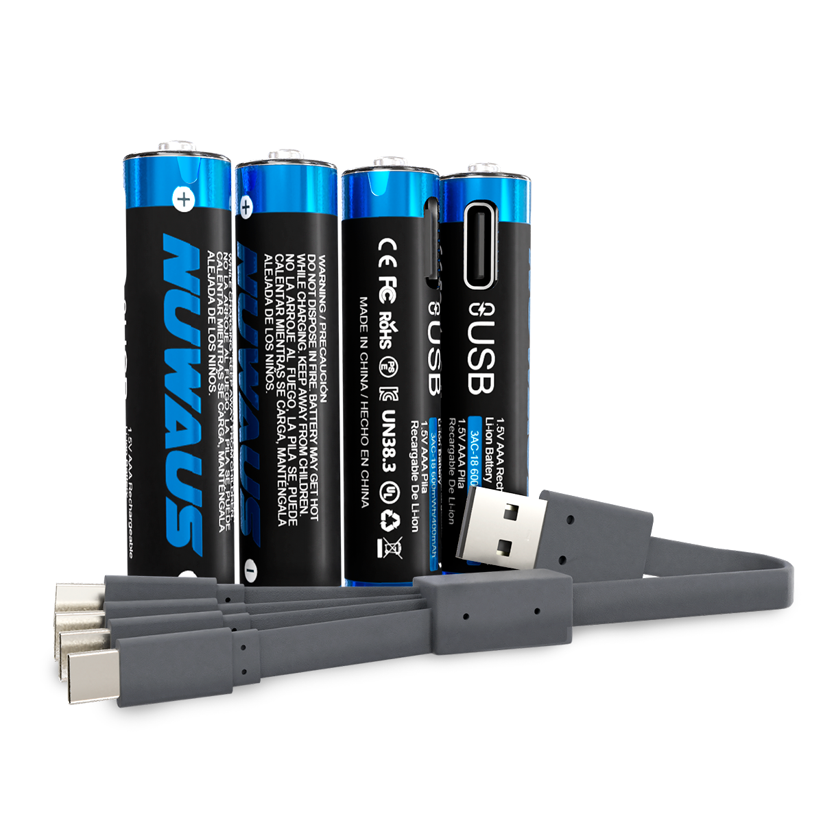 Pilas AAA recargables USB de Pale Blue, iones de litio 1.5 V 600 mAh, se  cargan menos de 1 hora, más de 1000 ciclos, cable de carga USB-A a USB-C 4  en