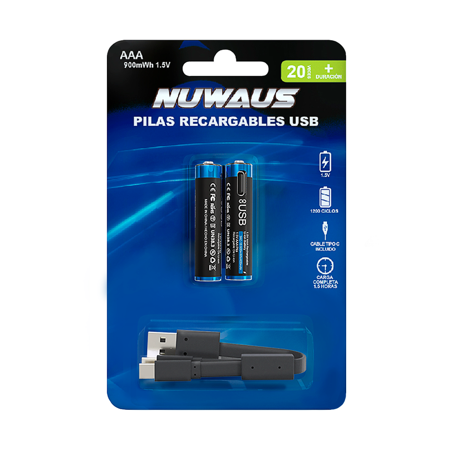Pilas recargables AAA carga rápida x2 unidades - 400mAh - Puerto de carga Tipo C