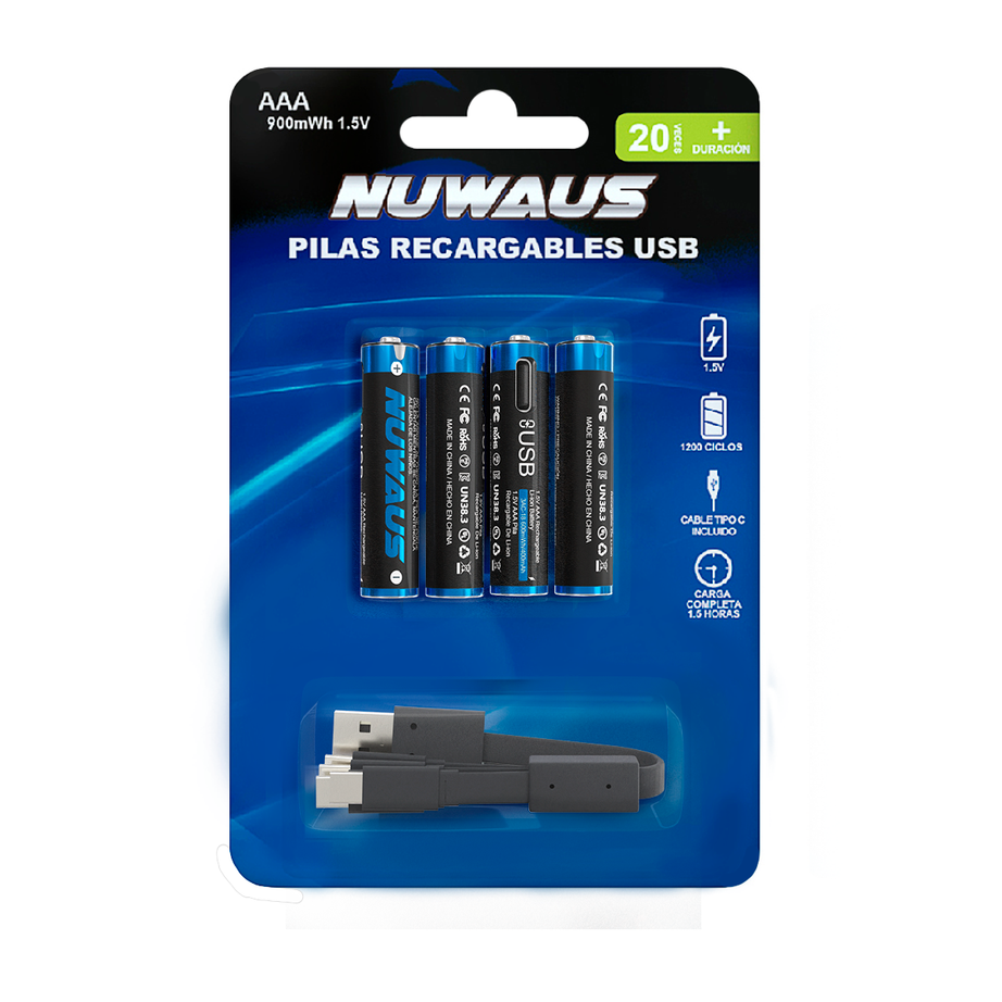 Pilas recargables AAA carga rápida x4 unidades - 400mAh - Puerto de carga Tipo C