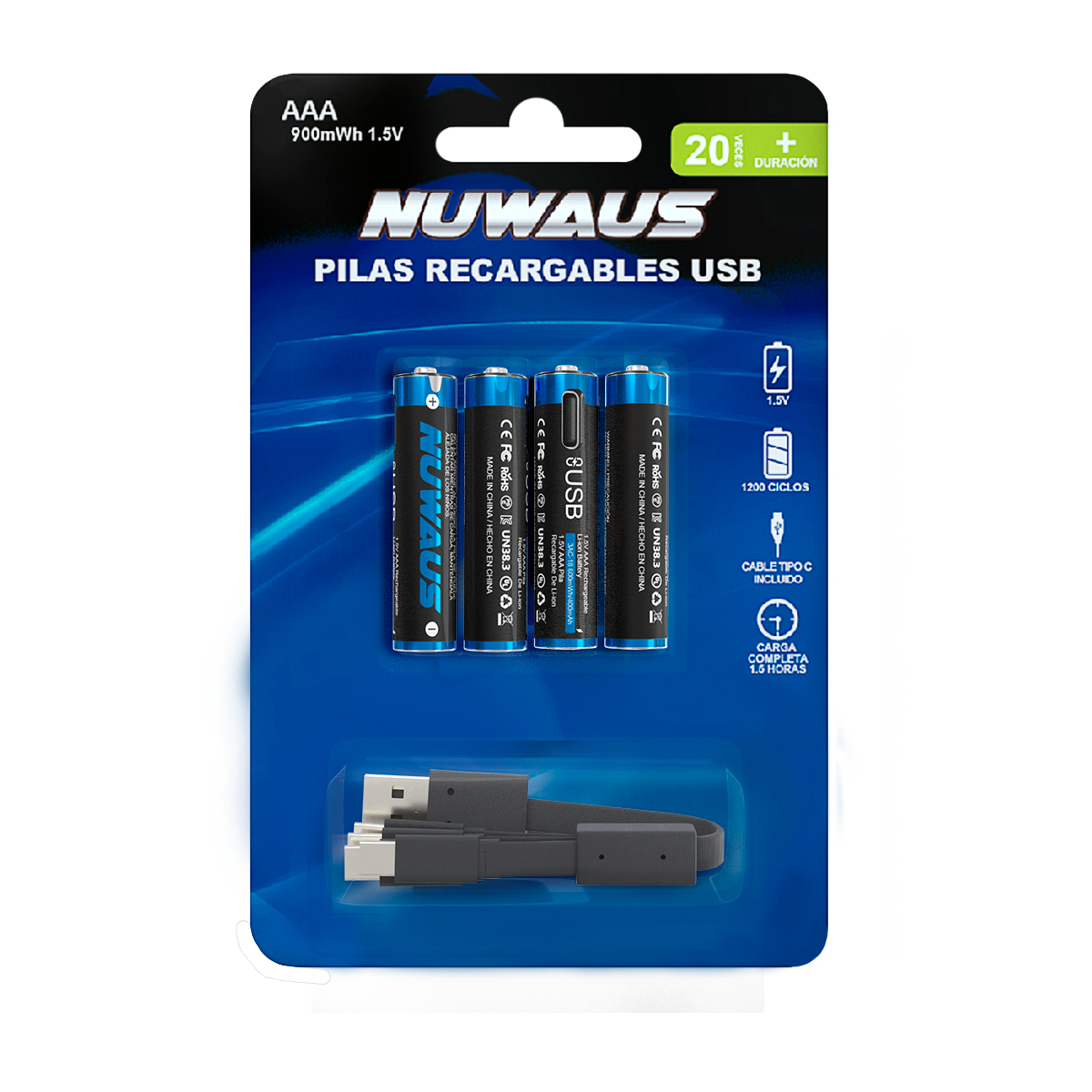 Pilas Aaa Recargable Usb 4 Uds 1200 Ciclos Cable Carga Doble